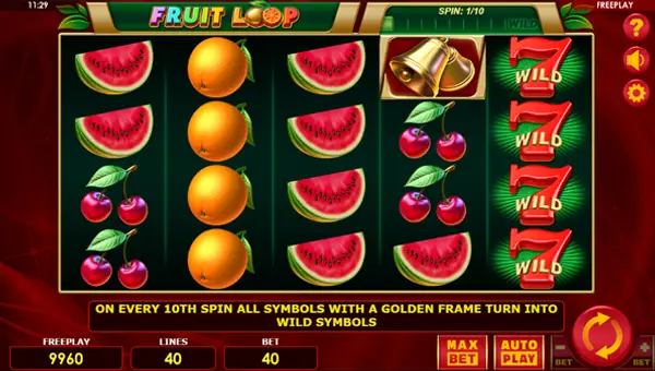 Fruit Loop base game screenshot showing reels and features