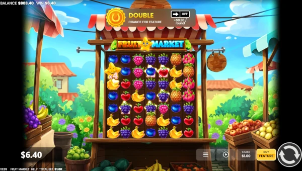 Fruit Market base game screenshot showing reels and features