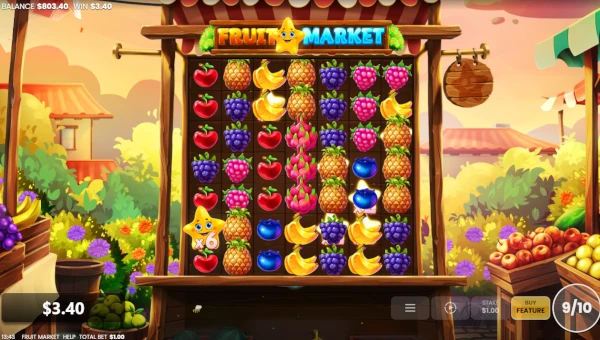 Screenshot of Fruit Market slot demo showing reels and bonus game features