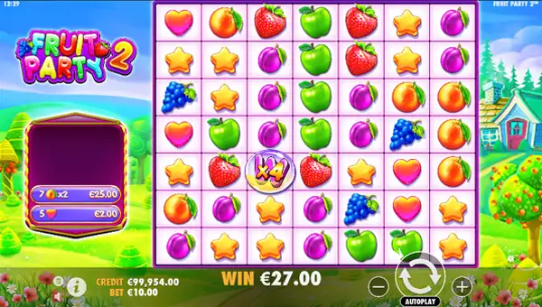 Fruit Party 2 base game screenshot showing reels and features