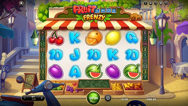Fruit Shop Frenzy base game screenshot showing reels and features