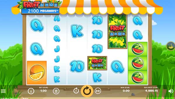 Fruit Shop Megaways base game screenshot showing reels and features