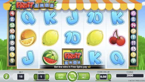 Fruit Shop base game screenshot showing reels and features