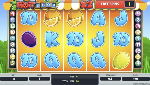 Screenshot of Fruit Shop slot demo showing reels and bonus game features