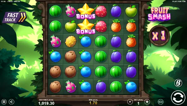 Fruit Smash base game screenshot showing reels and features