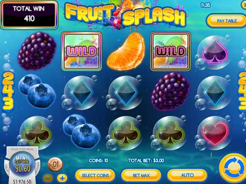Fruit Splash base game screenshot showing reels and features