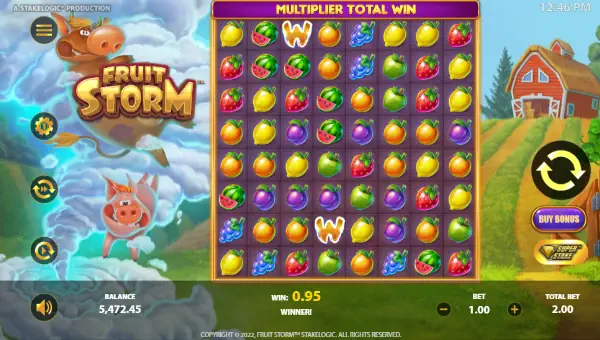 Fruit Storm base game screenshot showing reels and features