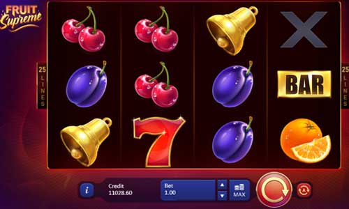 Fruit Supreme base game screenshot showing reels and features