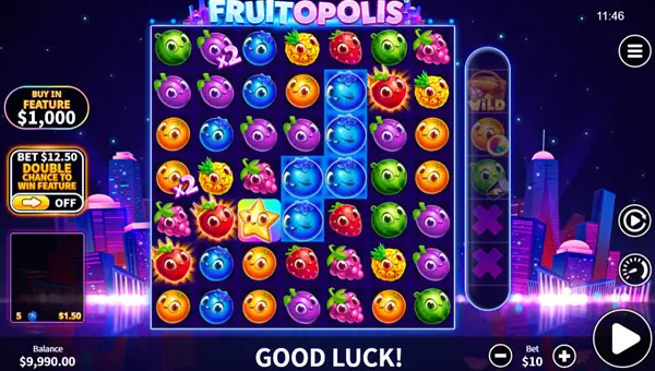 Fruitopolis base game screenshot showing reels and features
