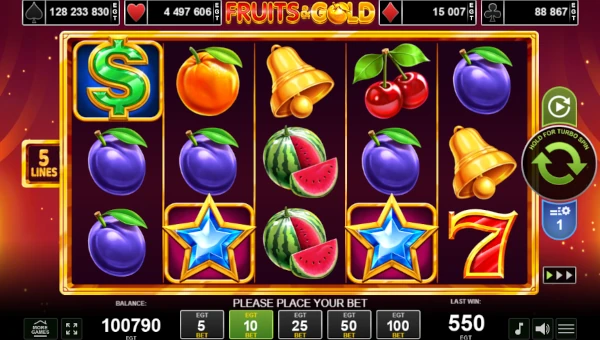Fruits and Gold base game screenshot showing reels and features