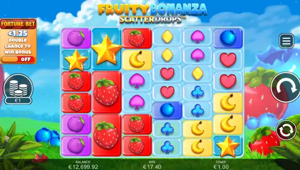 Fruity Bonanza base game screenshot showing reels and features