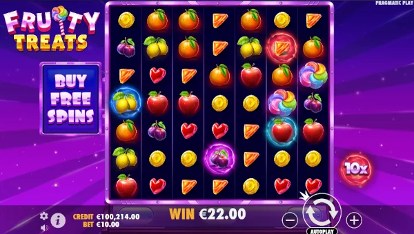 Fruity Treats base game screenshot showing reels and features