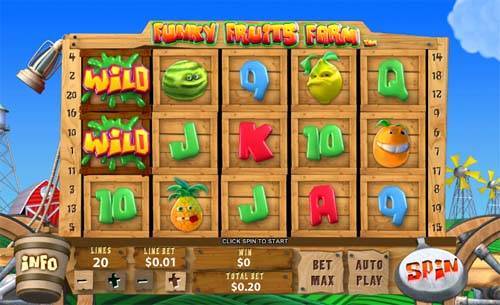 Funky Fruits Farm base game screenshot showing reels and features