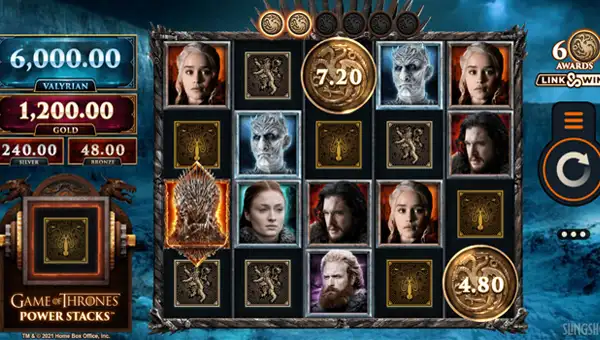Game of Thrones Power Stacks base game screenshot showing reels and features