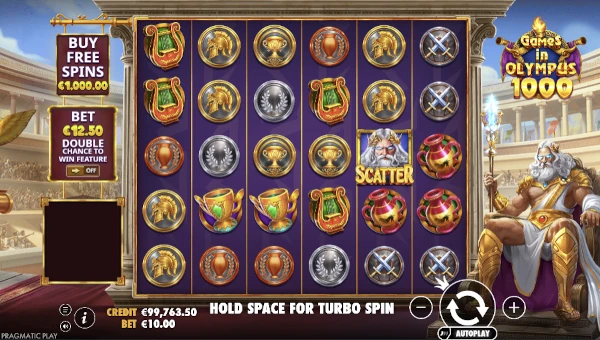 Games in Olympus 1000 base game screenshot showing reels and features