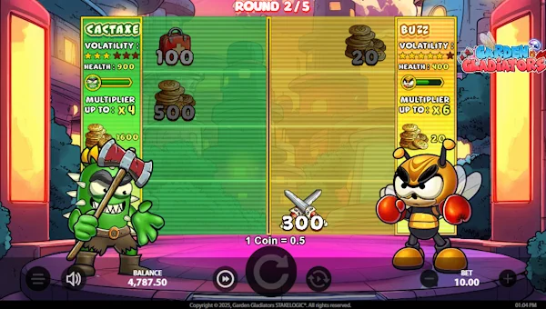 Screenshot of Garden Gladiators slot demo showing reels and bonus game features