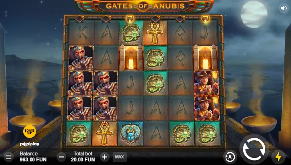 Gates of Anubis base game screenshot showing reels and features