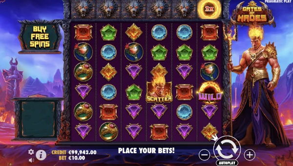 Gates of Hades base game screenshot showing reels and features