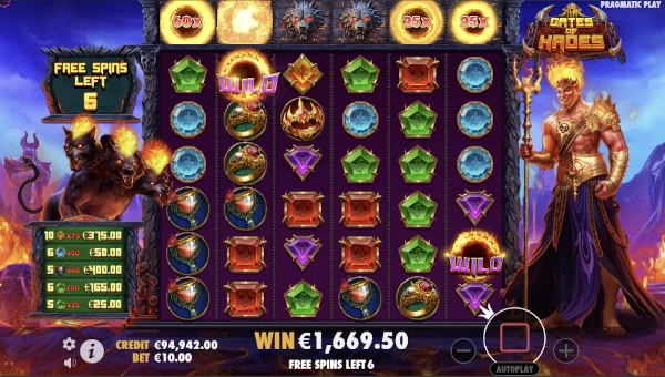 Screenshot of Gates of Hades slot demo showing reels and bonus game features