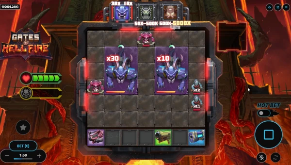 Screenshot of Gates of Hellfire slot demo showing reels and bonus game features