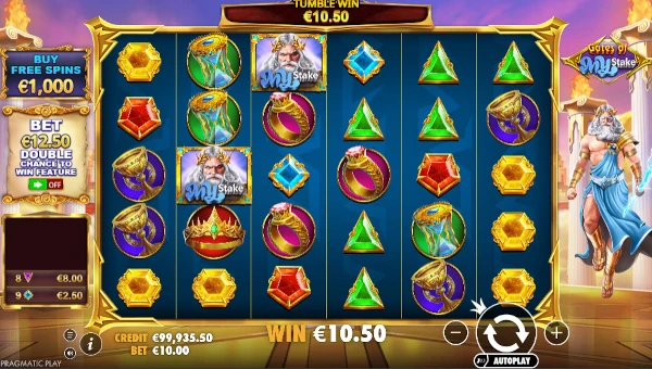 Gates of MyStake base game screenshot showing reels and features