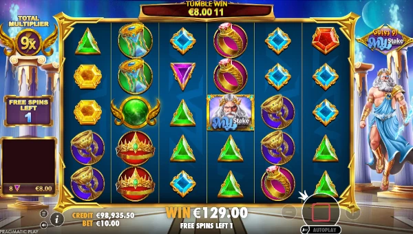 Screenshot of Gates of MyStake slot demo showing reels and bonus game features