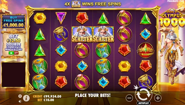 Gates of Olympus 1000 base game screenshot showing reels and features