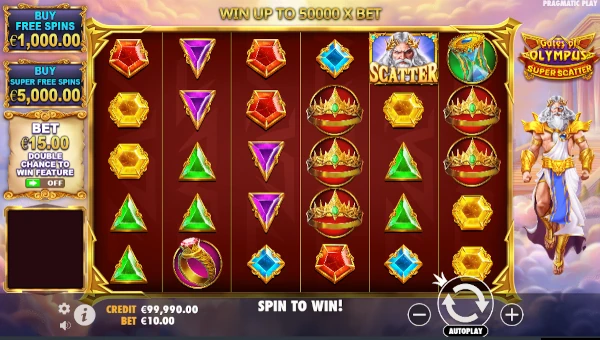 Gates of Olympus Super Scatter base game screenshot showing reels and features