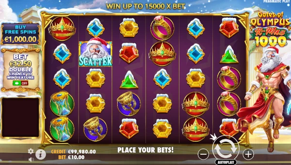 Gates of Olympus Xmas 1000 base game screenshot showing reels and features