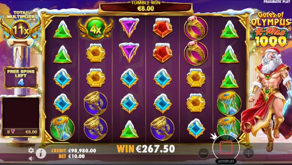 Screenshot of Gates of Olympus Xmas 1000 slot demo showing reels and bonus game features