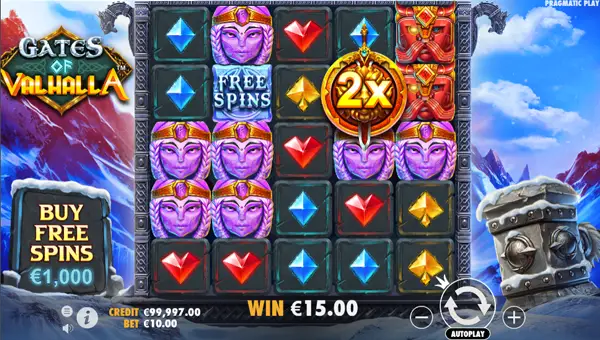 Gates of Valhalla base game screenshot showing reels and features