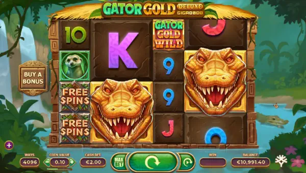 Gator Gold Gigablox Deluxe base game screenshot showing reels and features
