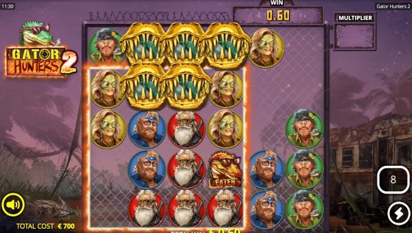 Screenshot of Gator Hunters 2 slot demo showing reels and bonus game features