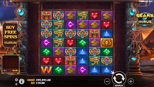 Gears of Horus base game screenshot showing reels and features