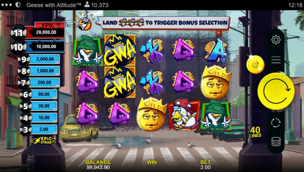 Geese With Attitude base game screenshot showing reels and features