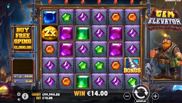 Gem Elevator base game screenshot showing reels and features
