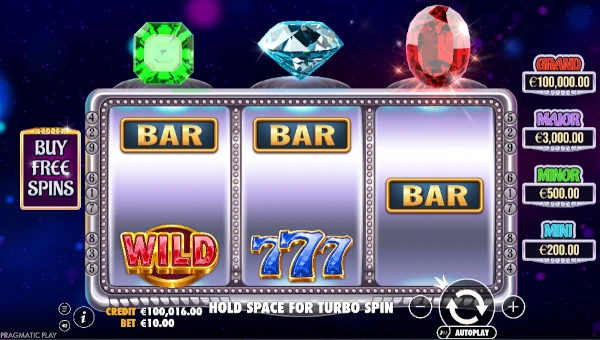 Gem Trio base game screenshot showing reels and features