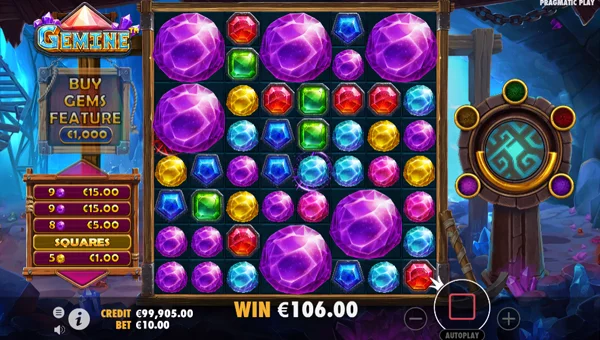 Gemine base game screenshot showing reels and features