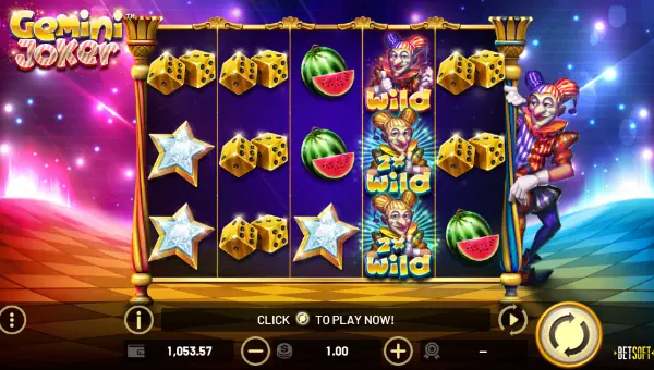 Gemini Joker base game screenshot showing reels and features