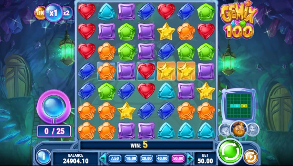 Gemix 100 base game screenshot showing reels and features