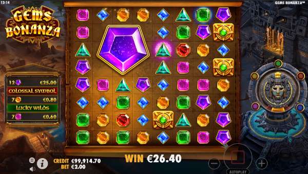 Gems Bonanza base game screenshot showing reels and features