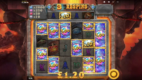 Gems Inferno Megaways base game screenshot showing reels and features