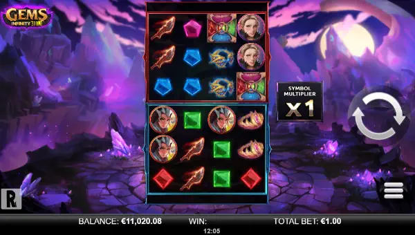 Gems Infinity Reels base game screenshot showing reels and features