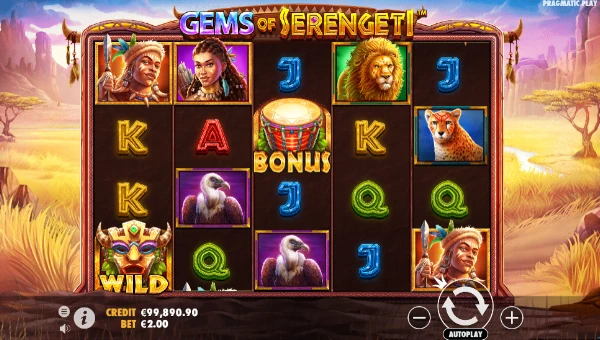 Gems of Serengeti base game screenshot showing reels and features