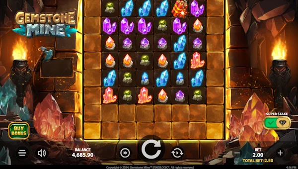 Gemstone Mine base game screenshot showing reels and features
