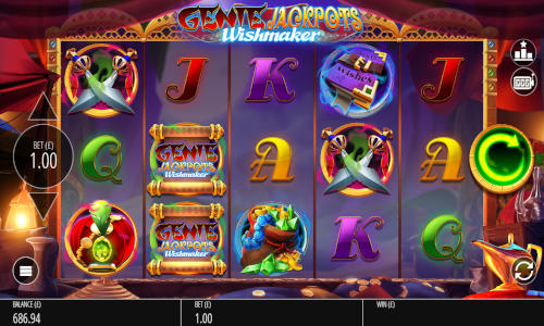 Genie Jackpots Wishmaker base game screenshot showing reels and features