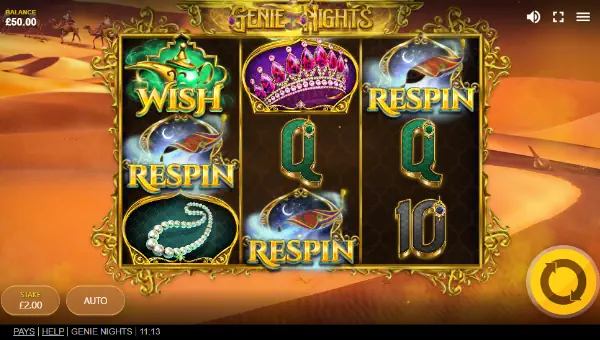 Genie Nights base game screenshot showing reels and features