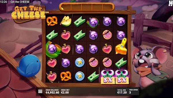 Screenshot of Get the Cheese slot demo showing reels and bonus game features