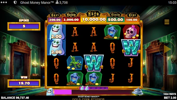 Screenshot of Ghost Money Manor slot demo showing reels and bonus game features