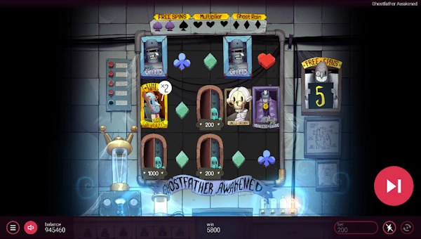 Screenshot of Ghostfather Awakened slot demo showing reels and bonus game features